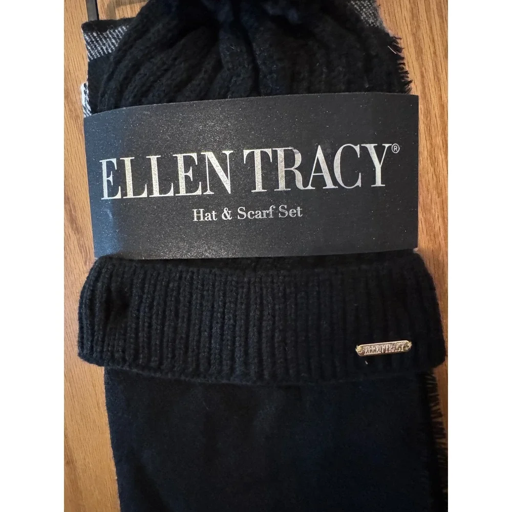Ellen Tracy Hat and Scarf Set Black Combo Pom Beanie Striped Scarf ETCW-1011 NWT
